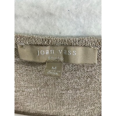 Joan Vass Studio Knit Top Womens Medium Taupe Half Zip Short Sleeve High Low Hem