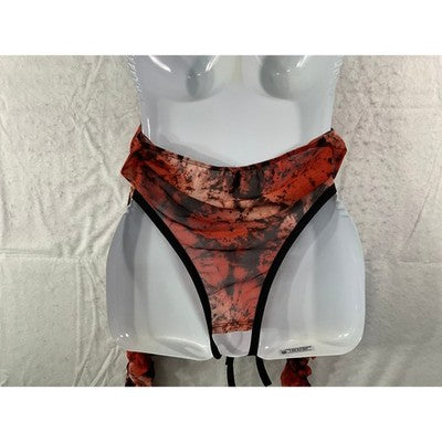 Queen Mania 2 Piece Set Women L Red Black Tie Dye Ruched Mesh Bodysuit Sheer USA