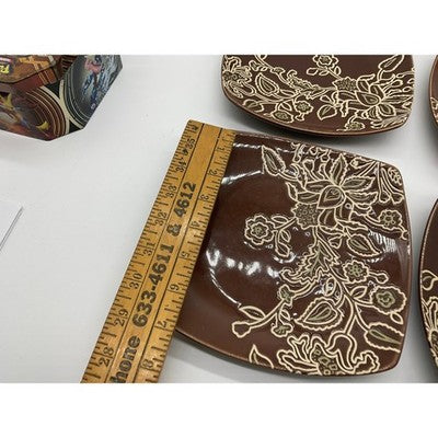 Jaclyn Smith Square 7" Plates Set of 6  Brown Floral Stoneware Salad Dessert