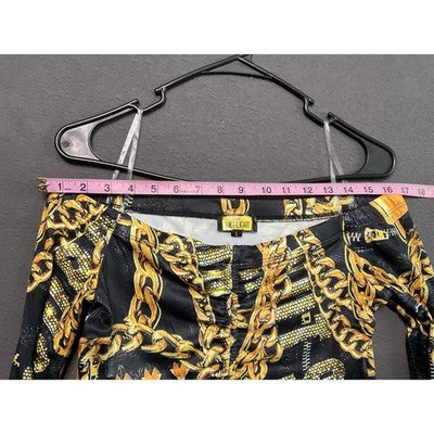 Women’s Off Shoulder Crop Top & Short Set L Black Gold Chain Link Graphic Print