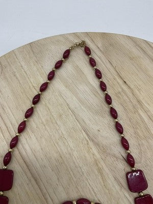 Red Beaded Necklace Bracelet Set Womens Gold Tone Plastic Square Beads Jewelry