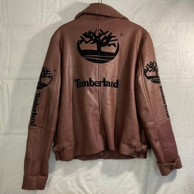 Timberland Moto Jacket Women XL Mauve Faux Leather Sherpa Lined Graphic Logo