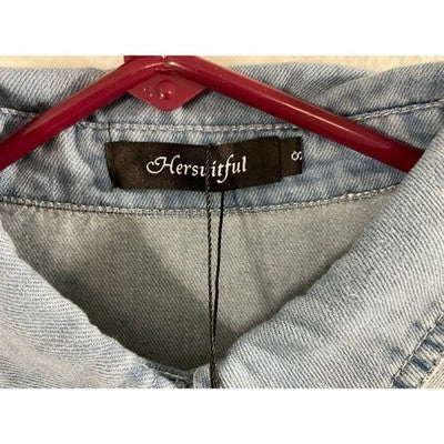 Hersuitful Denim Jacket Women Small Light Blue Raw Hem Pleated Shacket NWT