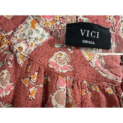 VICI Romper Women Small Pink Paisley Button Front Elastic Waist Summer Boho