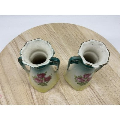 Vintage Art Nouveau Porcelain Vases Pair Handled Floral Roses Germany 8 Inch