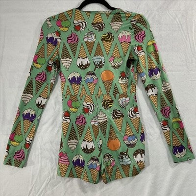 Romper Womens Small Multicolor Ice Cream Print Long Sleeve V Neck Button Stretch
