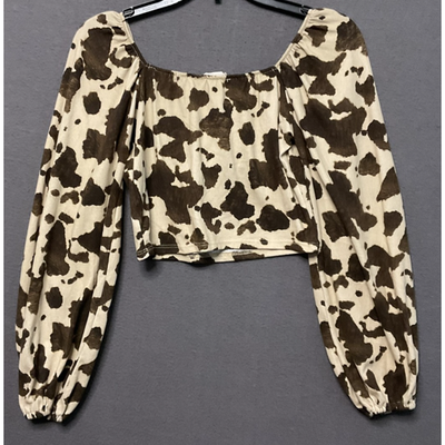 Altar’d States Crop Top Womens Small Brown Ivory Cow Print Long Sleeve Boho Y2K