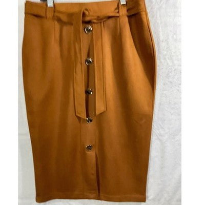 Marc New York Pencil Skirt Womens Med Brown Button Front Tie Waist Midi Office