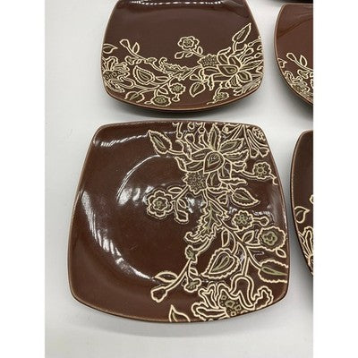 Jaclyn Smith Square 7" Plates Set of 6  Brown Floral Stoneware Salad Dessert