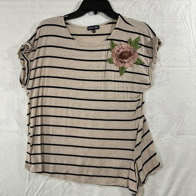 Olivia Blu Shirt Womens Large Beige Stripe Floral Embroidered Side Tie Hem