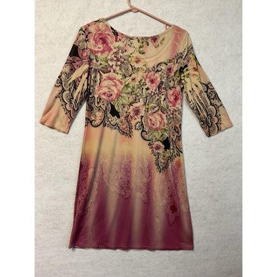 Floral Dress Womens Petite Small Pink Peach Ombre 3/4 Sleeve Stretch Made USA