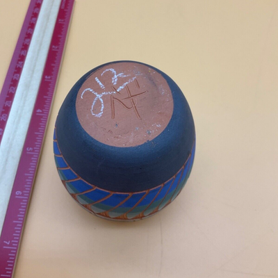 Indian Hand Etched Painted Clay Pottery Vase 3.25" Tall, Mid-Century