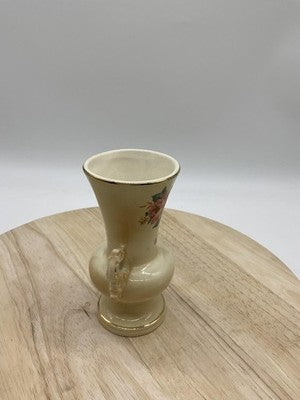 Ceramic Floral Vase Double Handles Cream Gold Trim Small Decorative Urn Table