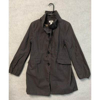 Ann Taylor Loft Trench Coat Womens Medium Gray Twill Ruffle Collar Lined Button