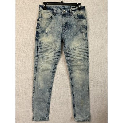 Essentials Jeans Mens 30x30 Skinny Moto Biker Acid Wash Ribbed Knees Distressed