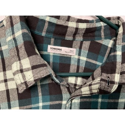 Sonoma Goods For Life Shirt Mens 3XLT Teal Plaid Flannel Button Down Long Sleeve