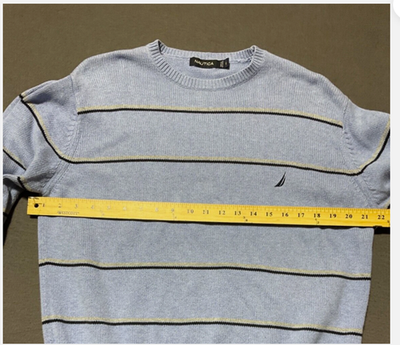 Nautica Sweater Mens Small Blue Striped Crew Neck Pullover Logo Knit Top