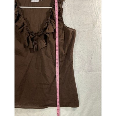 New York & Company Blouse Women L Brown Ruffle V-Neck Sleeveless Cotton Shell