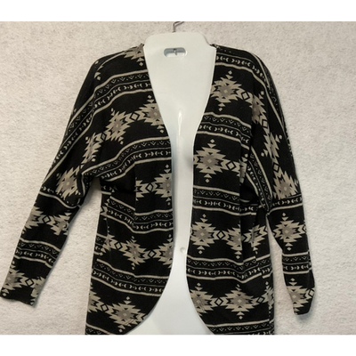 Southwestern Aztec Sweater Women Medium Black Beige Open Front Cardigan Knit USA