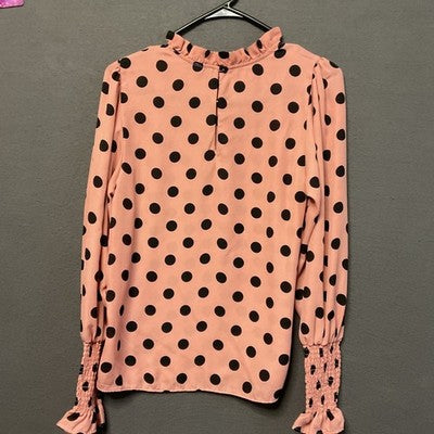 Haute Monde Pink Polka Dot Blouse Small Ruffle Neck Smocked Cuff Romantic Top