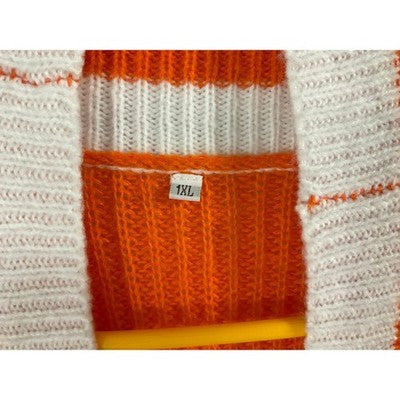 Unbranded Cardigan Women 1XL Orange White Striped Longline Open Front A23A106