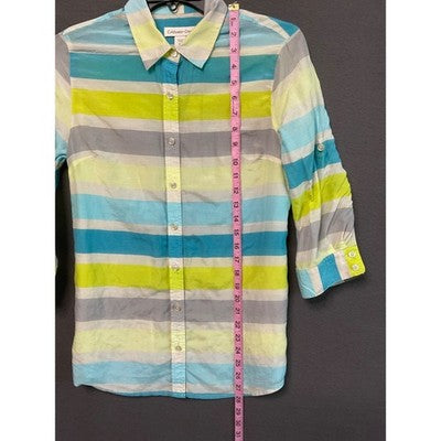 Coldwater Creek XS Button Shirt Striped Cotton Silk Blend 3/4 Sleeve Roll Tab
