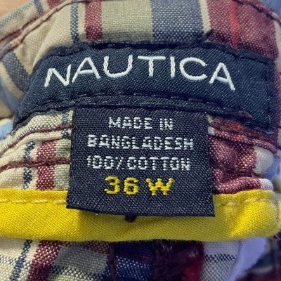 Nautica Cargo Shorts Mens 36 Red Blue Tan Plaid Cotton Relaxed Utility Pockets