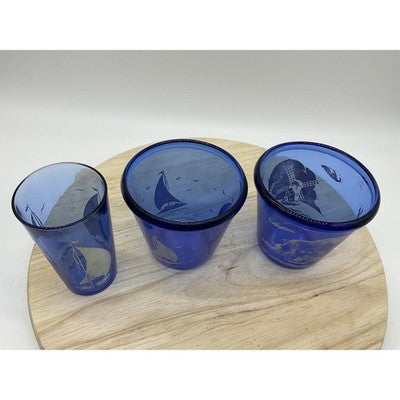VTG Hazel Atlas Cobalt 2 Ice Buckets, 1 Glass Tumbler Etched Nautical Barware