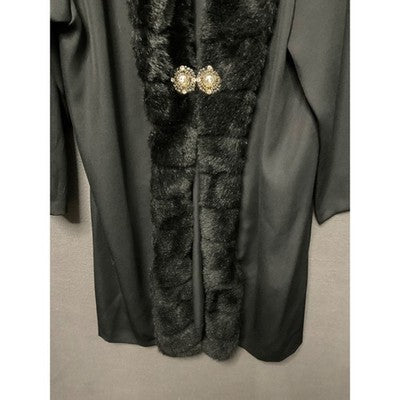 Vintage Hosanna Design Black Long Coat L Faux Fur Collar Jeweled Button USA Made