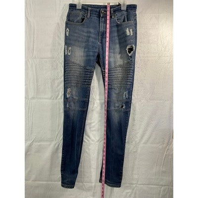 Southpole Moto Distressed Jeans Mens 32x31 Blue Ribbed Skinny Biker Streetwear
