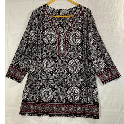 JM Collection Tunic Top Women 2X Black Burgundy Medallion Rhinestone Blouse