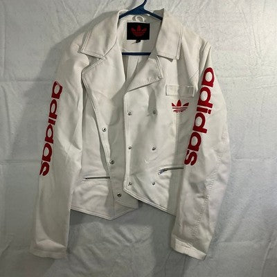 Adidas Moto Jacket Women Large White Red Faux Leather Trefoil Logo Biker Street