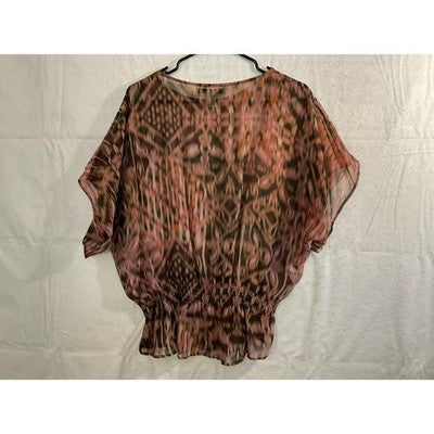 American Rag Blouse Womens Large Pink Brown Abstract Smocked Waist Chiffon Top