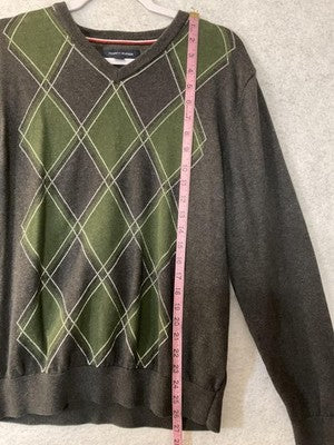 Tommy Hilfiger Mens Sweater Large Gray Argyle V Neck Pullover Knit Top Logo