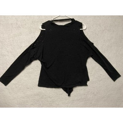 Poof Shirt Bodysuit Womens Medium Black Cold Shoulder Distressed Long Sleeve