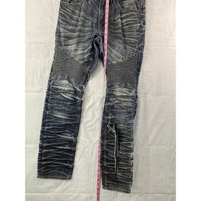 Jordan Craig Legacy Edition Jeans Mens 32 Blue Distressed Ribbed Biker Denim
