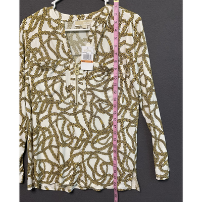 Michael Kors Shirt Womens Small Gold Chain Print Zip Front Long Sleeve Top S