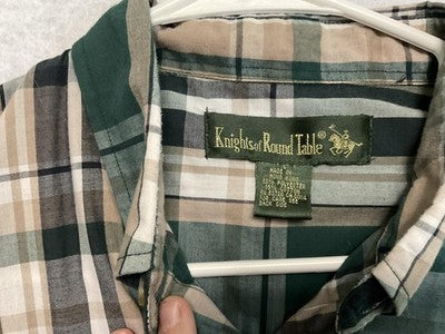 Knights Of Round Table Shirt Mens 2XL Green Plaid Button Down Long Sleeve Casual