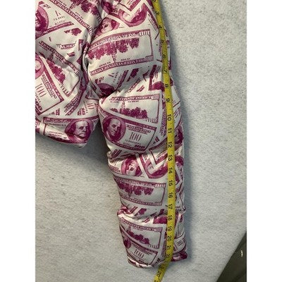 Money Print Open Puffer Jacket Women SM White Pink Cropped Bubble Coat Allover