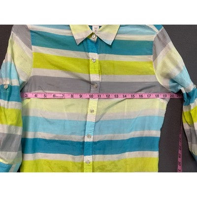 Coldwater Creek XS Button Shirt Striped Cotton Silk Blend 3/4 Sleeve Roll Tab