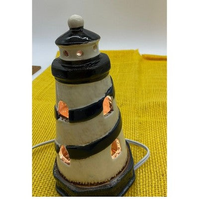 Lighthouse Accent Lamp Cream Navy Blue Nautical Night Light Decor