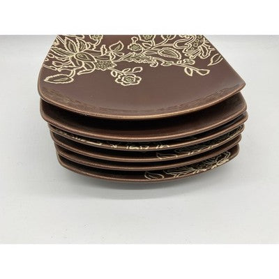 Jaclyn Smith Square 7" Plates Set of 6  Brown Floral Stoneware Salad Dessert