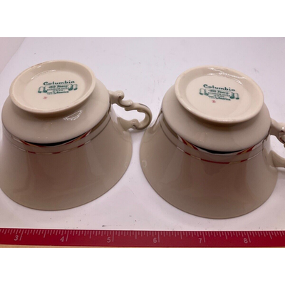 Set of 2 Mid-century Old Ivory Syracuse Teacups with Gold Stripes, 2.5in Tall