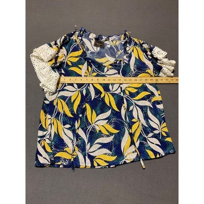 Amana 1X Floral Boho Blouse Crochet Sleeves Vibrant Print Women’s Top