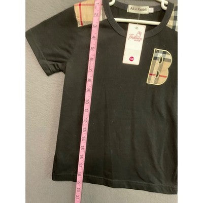 Aile Rabbit Girls Size 8 Black T-Shirt Plaid Shoulder B Patch NWT