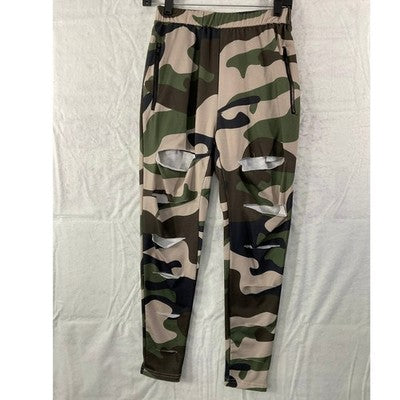 Camo Joggers Women Large Green Distressed Zipper Pocket Streetwear