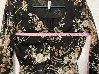 Xhilaration Blouse Womens XS Black Floral Long Sleeve Sheer Button Front