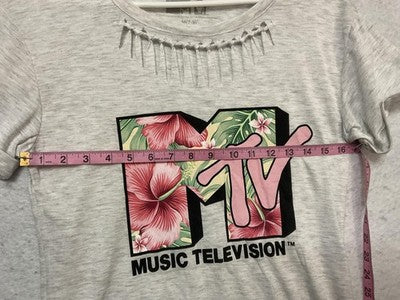 MTV Music Shirt Girls M Gray Floral Logo Cutout Scoop Neck Graphic Tee