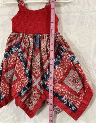 Blueberi Boulevard Dress Girls 12-18M Red Patchwork Handkerchief Hem Sundress