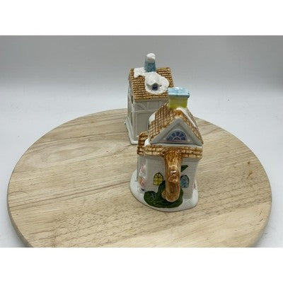 HH Christmas House Teapot Sugar Jar Ceramic Holiday Village Cottage SeT